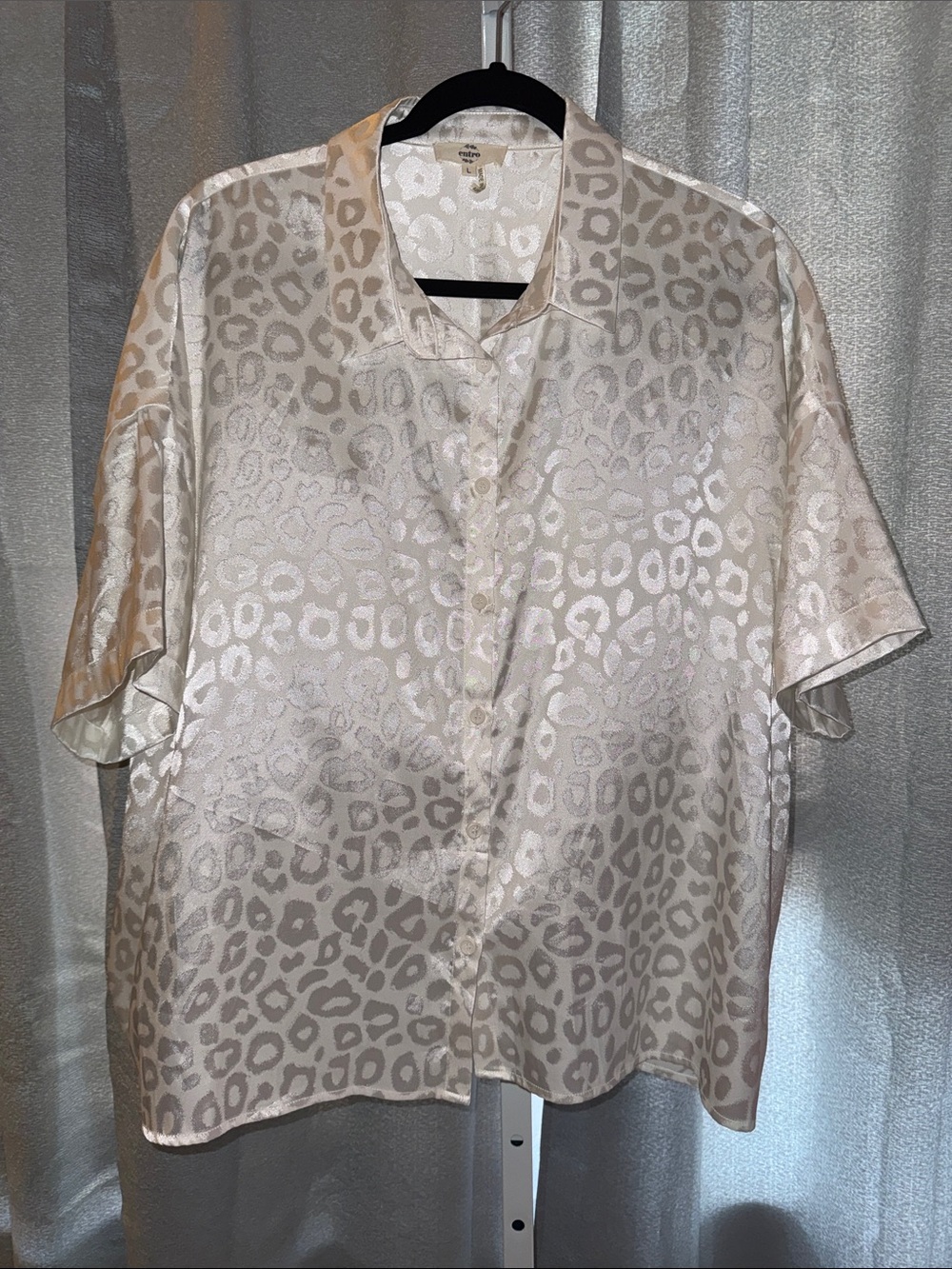 Entro Satin Leopard Print Button-Up Shirt in Light Cream